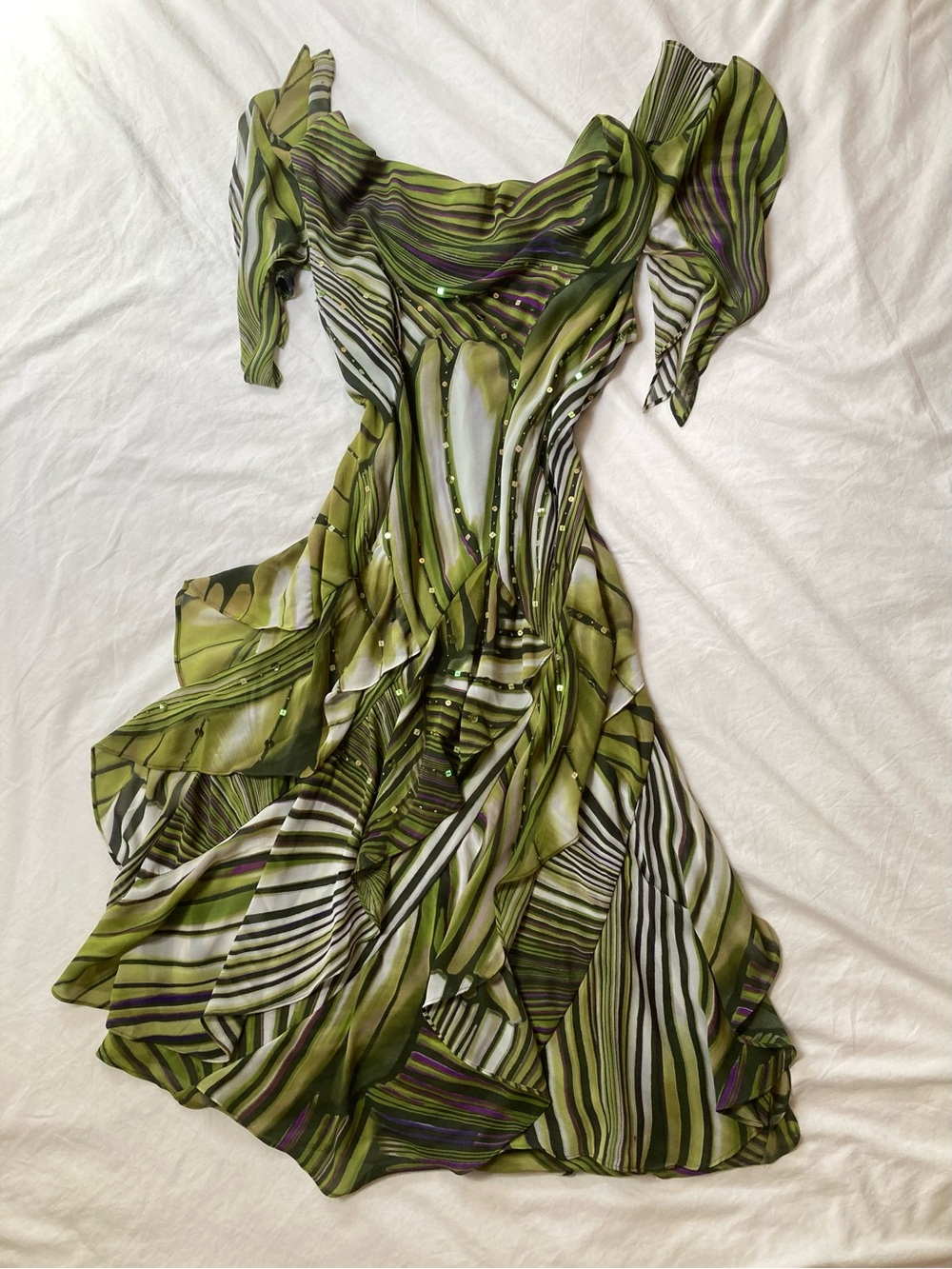 Y2K Robbie Bee Green Fairy Whimsical Beaded Sequin Flowy Midi Dress